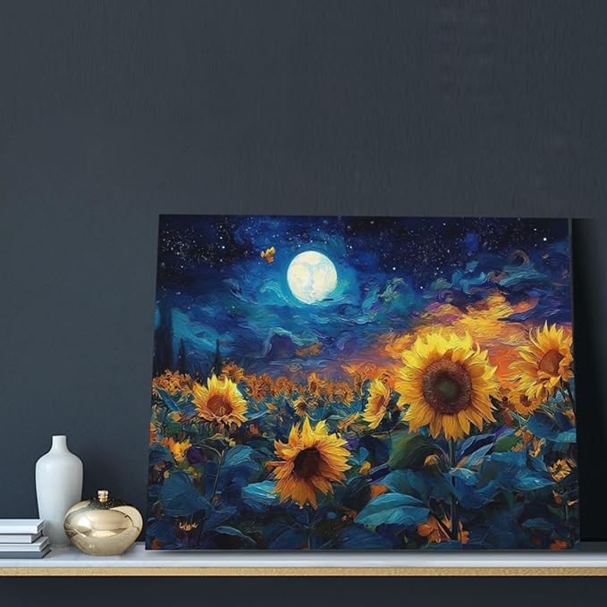 Sunflower Canvas Wall Art Starry Night Pictures Painting Yellow Floral Wall Decor Prints Framed Artwork Decoration for Living Room Bedroom Bathroom Dining Room Office 16"x20"