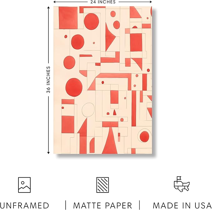 HAUS AND HUES Colorful Abstract Wall Art - Minimalist Retro Picture for Living Room Decor, Red and Pink Modern Wall Art Painting (Red Geometric, Unframed, 24x36)