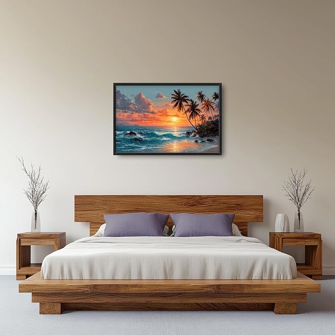 Glocmna Large Wall Art for Living Room Beach Sunset Ocean Waves Wall Decor Tropical Coastal Palm Trees Scenery Canvas Big Seascape Pictures Painting Print Framed Artwork Decorations Gifts for Bedroom Home Office Hotel 24"x36"