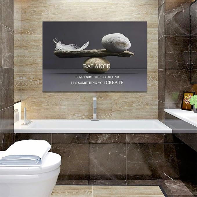 Zen Stone Wall Art Meditation Spiritual Wall Decor Inspirational Balance Feather Pictures Canvas Prints Framed Home Decorations Painting Artwork for Living Room Bedroom Office Bathroom 24"x16"