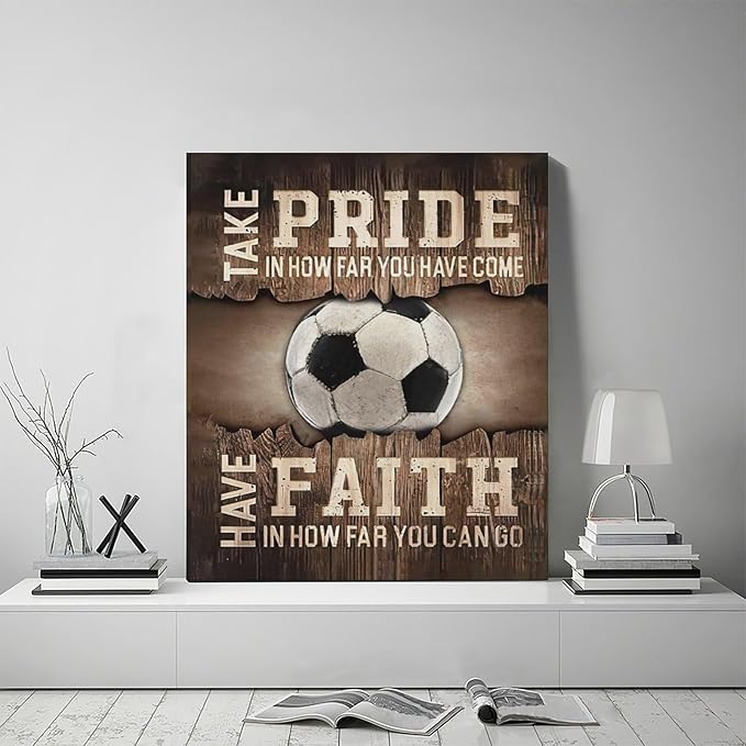 Fleruku Rustic Soccer Wall Art Sports Wall Decor Inspirational Quotes Brown Pictures Soccer Sign Canvas Painting Artwork Home Decorations for Boy Man Teenager Fans Bedroom Living Room 20"x24"