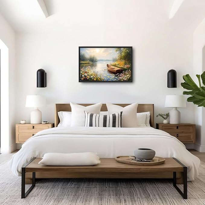 Framed Large Wall Art for Living Room, Lake Boat Canvas Wall Decor, Flower Pictures Painting, Natural Landscape Artwork for Living Room Bedroom Office 36L'' × 24W''