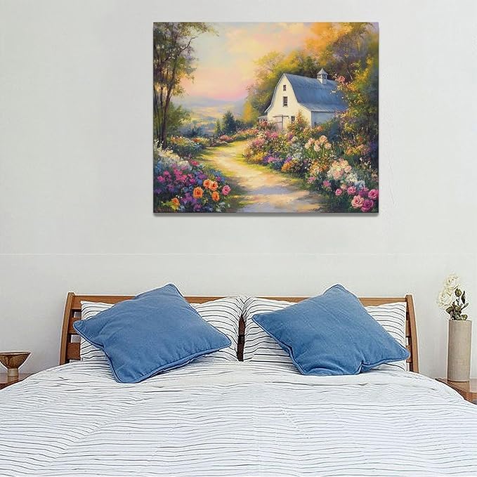 Olivine Garden Wall Art, Barn Pictures Wall Decor, Sunset Painting Vintage Village Garden Canvas Print, Framed Artwork for Living Room Bedroom Bathroom Office Home Decoration 24"x20"
