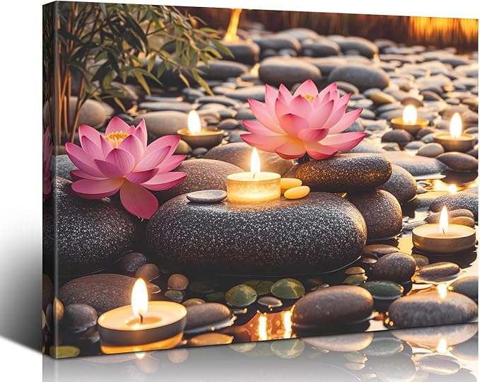 Zen Water Lily Canvas Wall Art,Pink Floral and Yellow Candle on Stone Bedroom Wall Decor,Modern Spiritual Yoga Spa Painting Picture Artwork for Zen Office Decor Bathroom Home(12"x16"Framed)