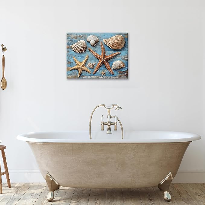 Olivine Seashell Wall Art, Coastal Starfish Pictures Wall Decor, Beach Theme Painting, Blue Seashell Canvas Prints, Framed Artwork for Bathroom Bedroom Living Room Office Home Decoration 16''x12''