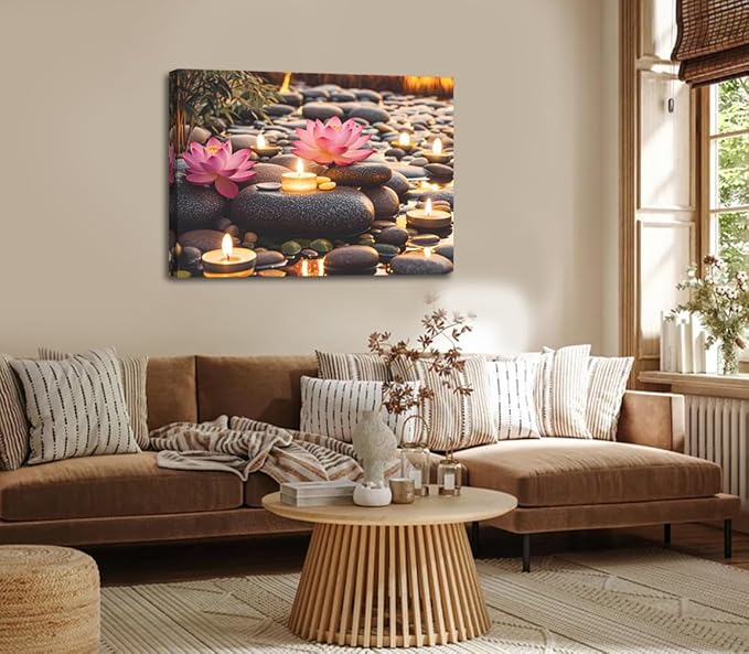 Zen Water Lily Canvas Wall Art,Pink Floral and Yellow Candle on Stone Bedroom Wall Decor,Modern Spiritual Yoga Spa Painting Picture Artwork for Zen Office Decor Bathroom Home(12"x16"Framed)