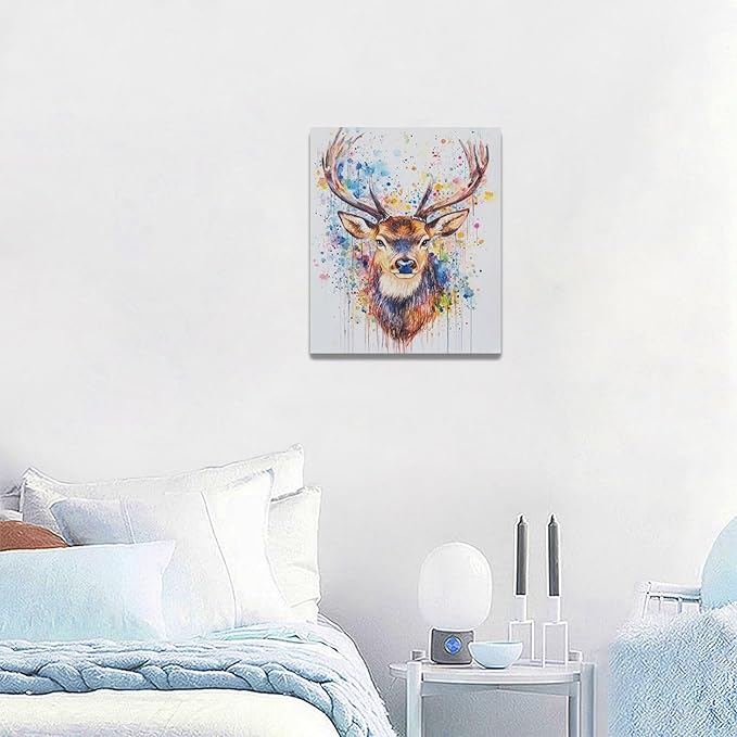 Fleruku Watercolor Deer Wall Art Colorful Elk Wall Decor Antlers Pictures Animal Canvas Painting Artwork Home Decorations for Living Room Bedroom Bathroom Office Nursery Classroom 20"x24"