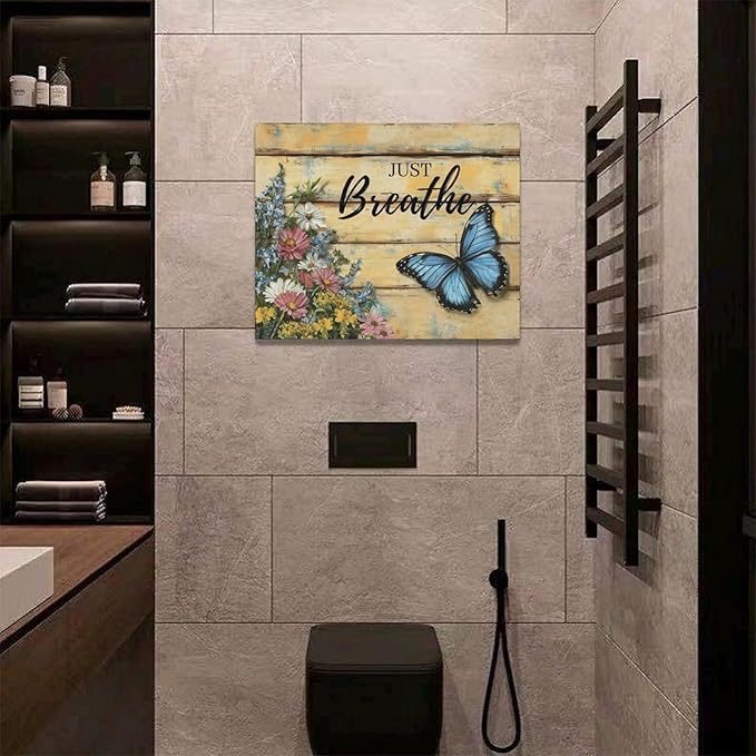 Olivine Butterfly Wall Art, Butterflies Flower Pictures Wall Decor, Just Breathe Painting, Vintage Farmhouse Canvas Prints, Framed Artwork for Living Room Bedroom Bathroom Kitchen Office Home 20"x16"