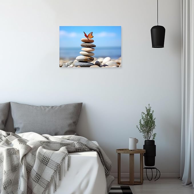 ARTZGX Zen Stone Wall Art Canvas Spa Bathroom Pictures Butterfly Print Meditation Still Life Painting for Yoga Room Decor Frame(Zen - D 28.00" x 42.00")