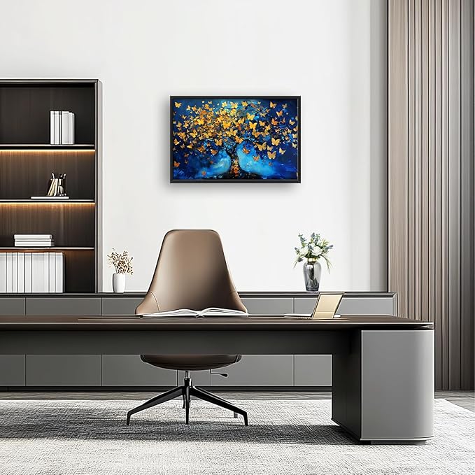 Blue Canvas Wall Art Golden Butterfly Tree Pictures Wall Decor Above Bed Framed Artwork Paintings Home Office Decorations for Living Room Bedroom Dinning Room Kitchen 36"x24"