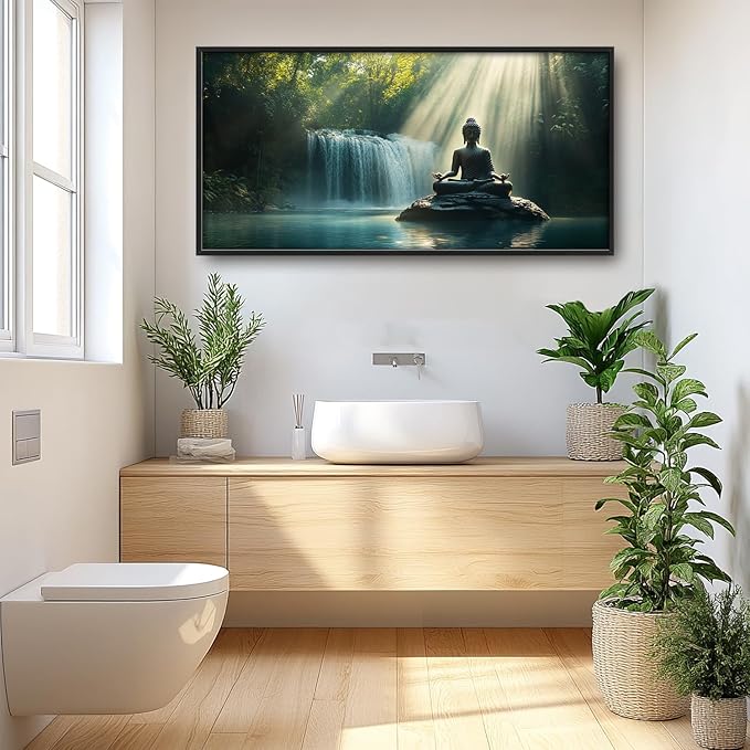 SweetFox Extra Large Buddha Framed Wall Art for Living Room, Zen Buddha Statue Pictures Oversized Wall Decor Forest Waterfall Big Canvas Painting Print Artwork for Bathroom Master Bedroom 60L X 30W