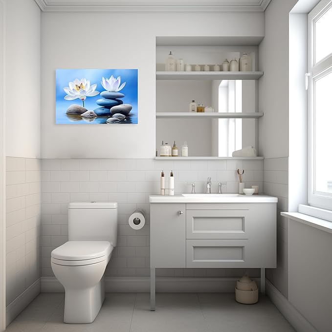 ARTZGX Zen Canvas Wall Art for Bathroom Lotus Pictures Blue Spa Stone Painting Butterfly Flower Artwork for Yoga Decor Frame(Zen - B 24.00" x 36.00")