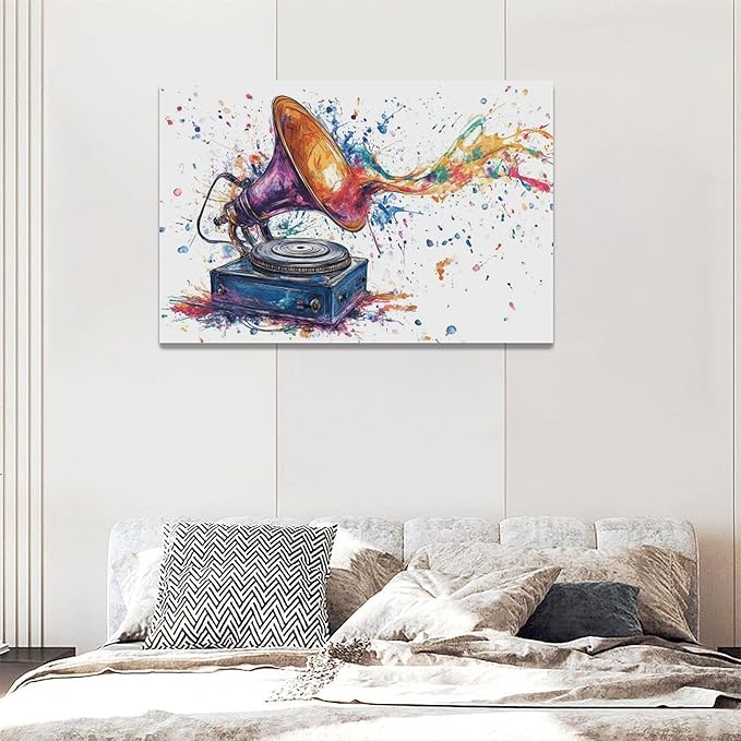 Fleruku Watercolor Phonograph Wall Art Colorful Phonograph Wall Decor Pictures Canvas Painting Artwork Home Decorations for Living Room Bedroom Bathroom Office Nursery Classroom 24"x16"