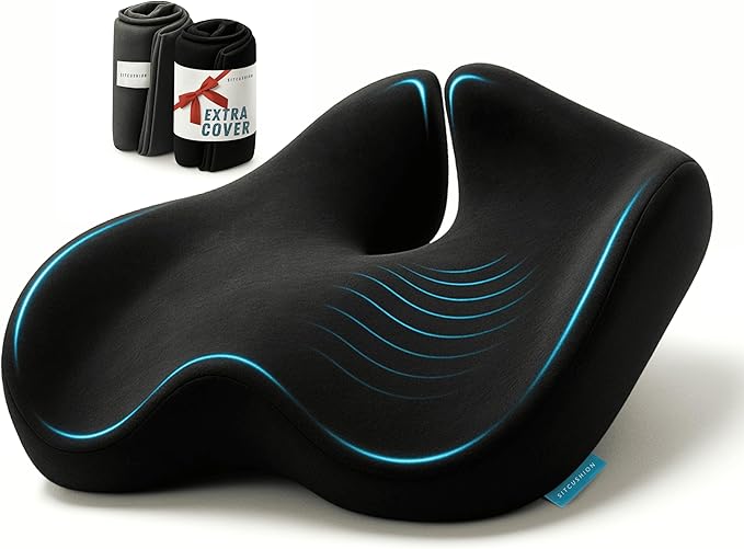 Pressure Relief Seat Cushion for Tailbone Pain - X Large Office Chair Cushion for Back Pain, Coccyx & Sciatica Pain Relief Pillow. Memory Foam Seat Cushions for Office Chairs. Extra Cover (Black)
