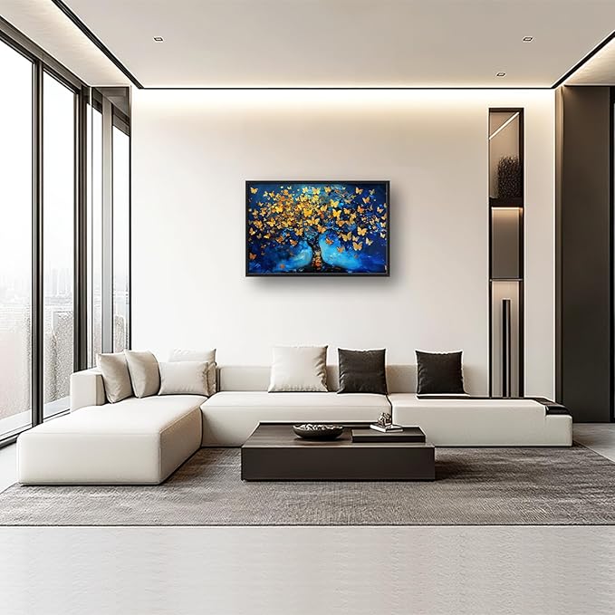 Blue Canvas Wall Art Golden Butterfly Tree Pictures Wall Decor Above Bed Framed Artwork Paintings Home Office Decorations for Living Room Bedroom Dinning Room Kitchen 36"x24"