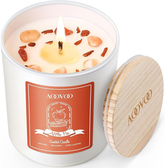AOOVOO Apple Pie Scented Candles for Women - Aromatherapy Candle with Crystals Inside, 10oz Soy Candles for Home Scented, Birthday Gifts Candle for Women Mom
