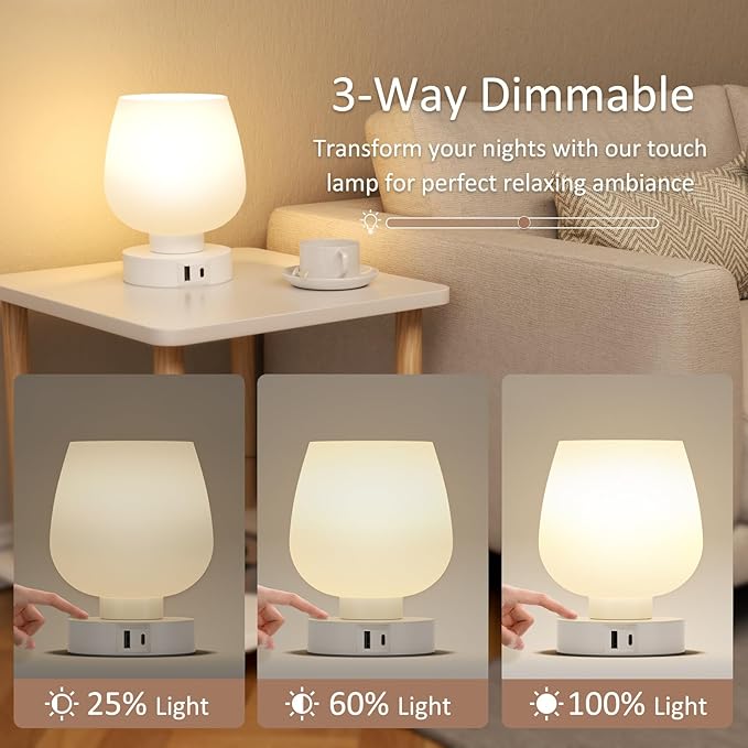 Touch Table Lamp for Nightstand - Bedside Lamp with USB C+A Charging Ports for Bedroom Living Room Night Stands, Desk Lamp with White Glass Shade for Small Spaces, 3 Way Dimmable, LED Bulbs, Gifts