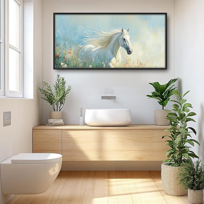 SweetFox Extra Large White Horse Framed Wall Art for Living Room, Horse Wildflower Pictures Oversized Wall Decor Abstract Big Canvas Painting Print Artworks for Bathroom Master Bedroom 60L X 30W