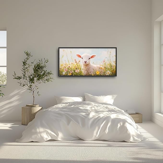 Kylora Lamb Wall Art Sheep Pictures Wall Decor Flower Field Large Master Over Above Bed Canvas Christian Prints Horizontal Modern Artwork Painting Home Office Decorations For Kitchen Bedroom 30"x60"