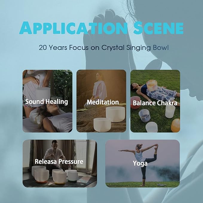 440HZ 8 Inch A Note Third Eye Chakra Frosted Quartz Crystal Singing Bowl Meditation Therapy Sound Healing Instrument Sound Bath Bowl with Carrying Bag Mallet and O-ring