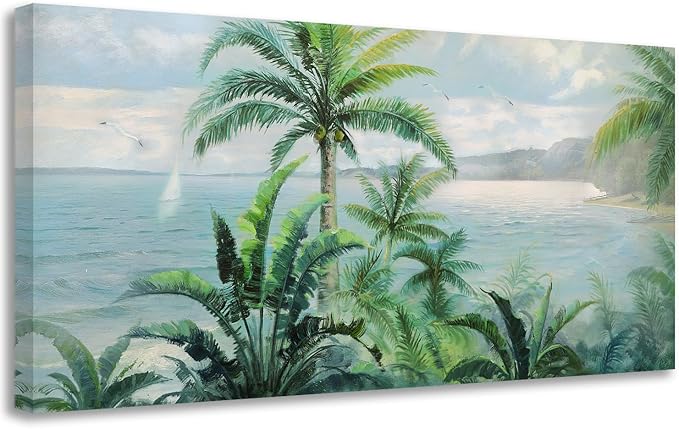 Anolyfi Palm Tree Picture Green Tropical Wall Art for Living Room Landscape Large Canvas Painting Nature Seascape Textured Artwork Framed Bedroom Kitchen Hallway Office Home Decor 58"x29"