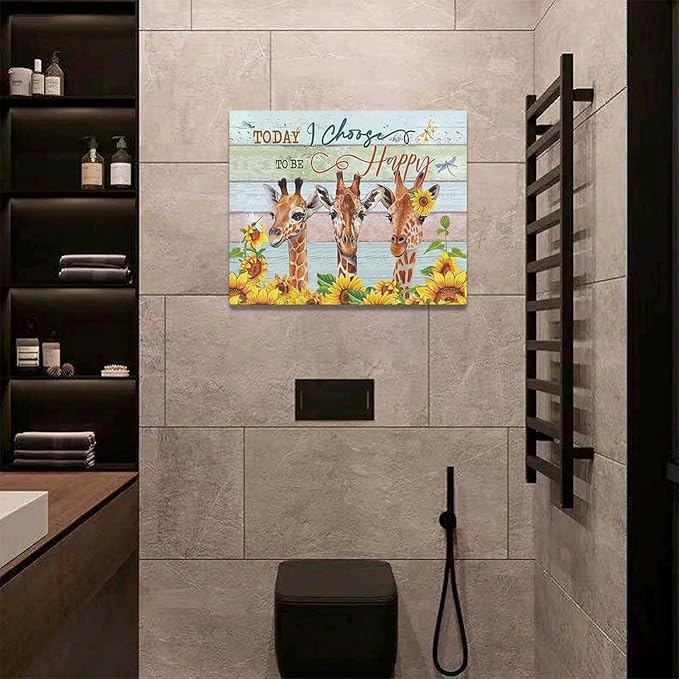 Giraffe Bathroom Decor Wall Art Sunflower Wall Decor Giraffe Canvas I Choose Happy Prints Painting Framed Artwork for Bathroom living room Bedroom 20"x16"