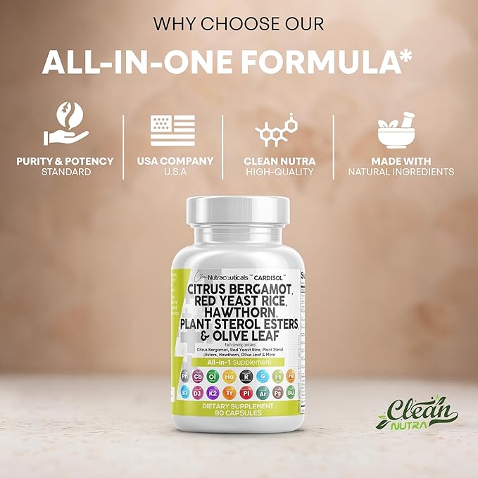 Clean Nutraceuticals Citrus Bergamot Red Yeast Rice Capsules with Plant Sterols - with Hawthorn Extract Olive Leaf Niacin Vitamin K3 D3 COQ10 Guggul & More
