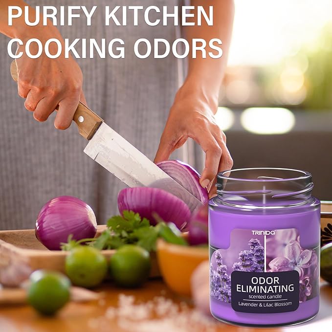 Lavender & Lilac Blossom Odor Eliminating Candles for Home Scented, Eliminates 99% of Pet, Smoke, Food and Other Smells Quickly, Highly Fragranced Candle, Premium Soy Candles Set for Women