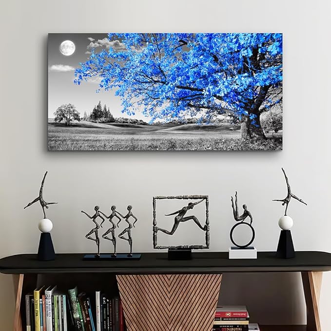 wall art for living room Simple Life Blue moon tree landscape Abstract painting office Wall Decor 24" x 48" single Pieces Canvas Prints Ready to Hang for Home Decoration Black and white Works of art