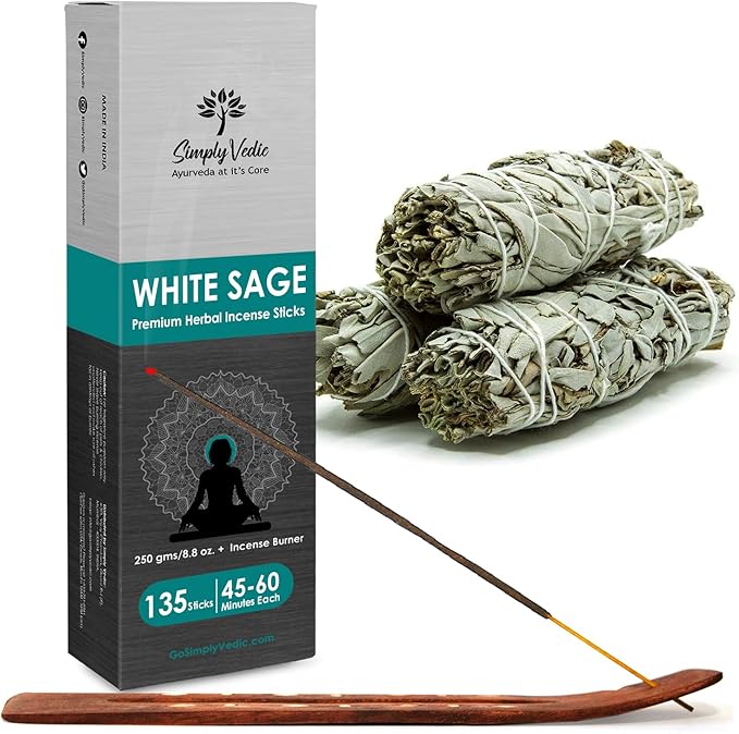 White Sage Incense Sticks 250g (135 Sticks + Holder), Natural, Long Lasting, Aromatherapy, Meditation, Yoga, Spiritual Healing