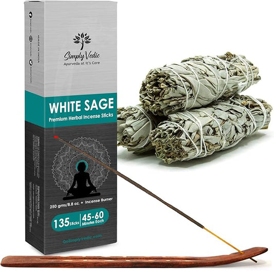 White Sage Incense Sticks 250g (135 Sticks + Holder), Natural, Long Lasting, Aromatherapy, Meditation, Yoga, Spiritual Healing