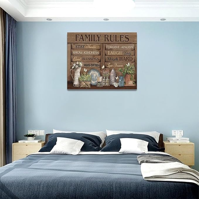 Country Family Rules Wall Art Farmhouse Inspiration Wall Decor Rustic Flower Home Sign Pictures Canvas Painting Artwork Home Decorations For Living Room Bedroom Bathroom Office 20"x16"