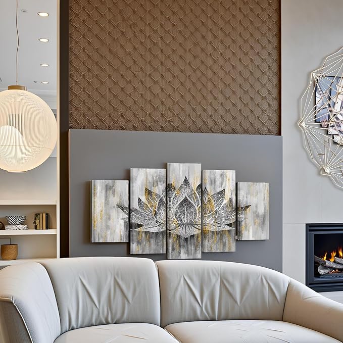 LevvArts 5 Panel Lotus Flower Wall Art Trendy Silver Golden Flower Painting Canvas Prints Zen Lotus Picture Artwork for Living Room Yoga Meditation Spiritual Decor Framed Ready to Hang