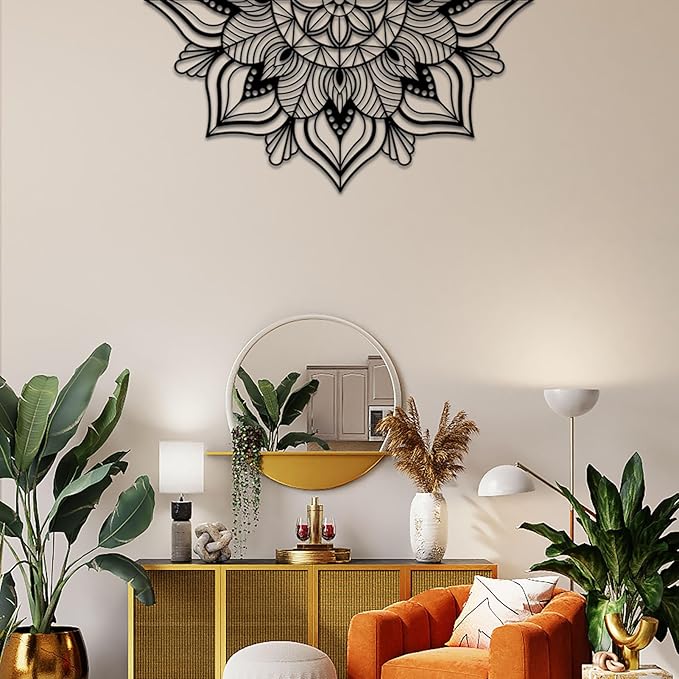 Resama Large Metal Mandala Wall Decor, Unique Lotus Flower Wall Art, Suitable for Office and Home Indoor and Outdoor Decoration (Black, 59‘’x29.5‘’/ 150x75cm)