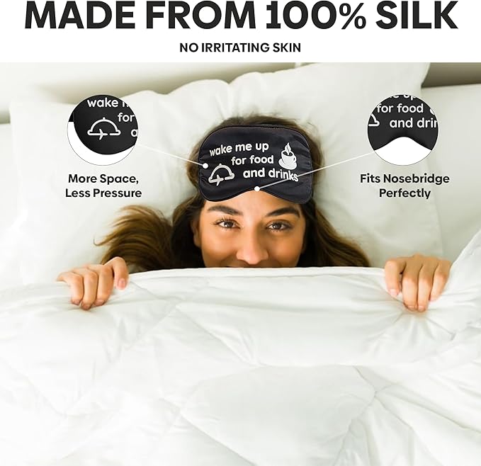 VITYA Black Do Not Disturb/Wake Me Up Double-Sided Silk Sleep Mask for Women/Men | Sleep Mask Light Blocking | Soft Breathable Sleep Eye Mask for Traveling on Airplane | Eye Mask with Elastic Strap