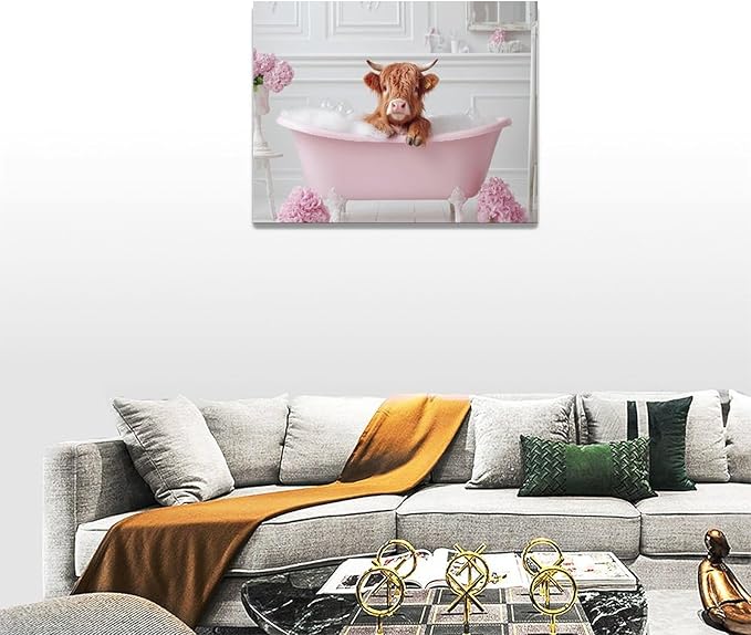 Bathroom Cow Wall Art Highland Cow Wall Decor Pink Pictures Canvas Painting Framed Artwork Home Decorations for Toilet Lavatory Living Room Bedroom 16"x12"