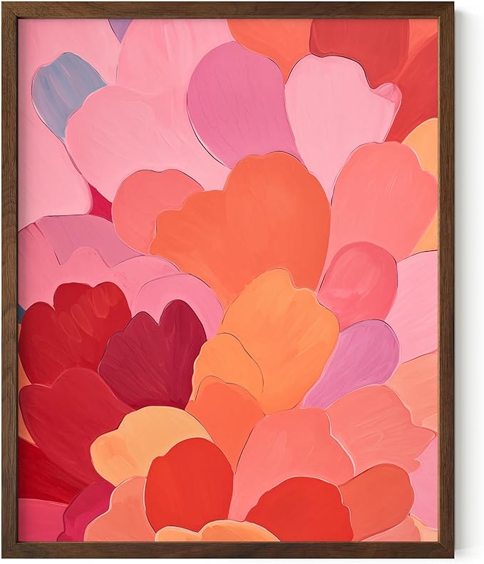 HAUS AND HUES Colorful Abstract Wall Art - Minimalist Retro Picture for Living Room Decor, Red and Pink Modern Wall Art Painting (Petals 1, Walnut Frame, 16x20)