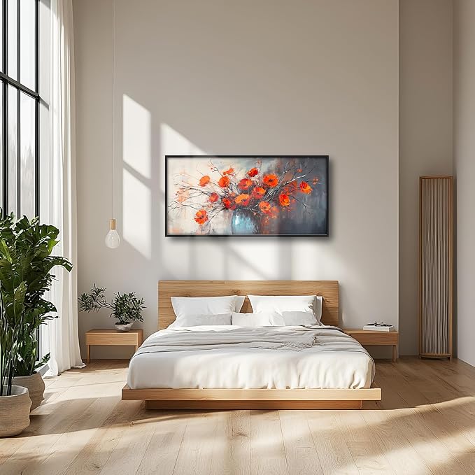 Poppy Wall Art Orange Flower Pictures Wall Decor Poppies Botanical Vase Large Master Over Above Bed Canvas Prints Horizontal Modern Artwork Painting Home Office Decorations For Kitchen Bedroom 30"x60"