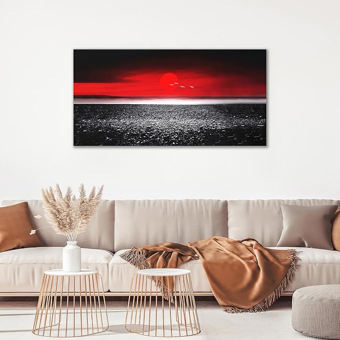 Moon Wall Art Large Red Black And White Canvas Prints Beach Coastal Ocean Picture Wall Decor Japanese Modern Framed Artwork Home Decorations for Living Room Dining Room Office 60"x30"