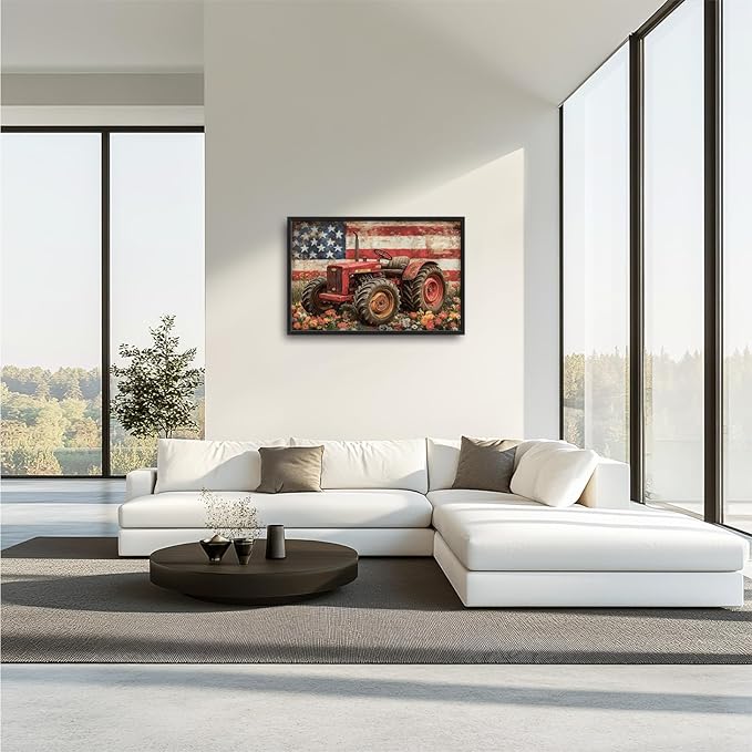 Framed Large Wall Art for Living Room, Farmhouse Tractors Canvas Wall Decor, Large Rustic Country Wildflowers Pictures Framed Painting, Natural Landscape Artwork for Bedroom Office Home Decor 36L'' × 24W''