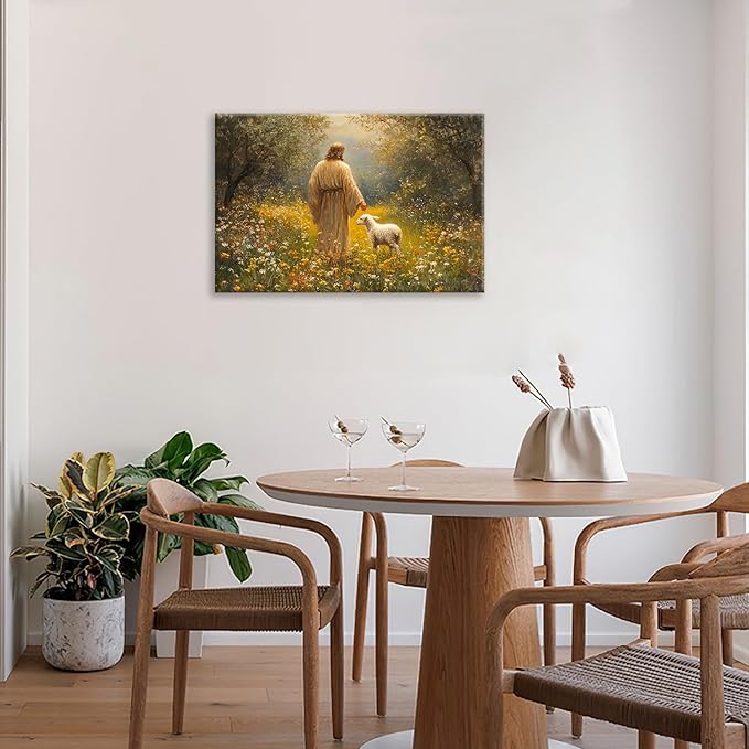 Olivine Christian Wall Art, Jesus Pictures Wall Decor, Lamb Painting, The Lost Sheep Canvas Prints, Framed Artwork for Kitchen Bathroom Bedroom Living Room Office Home Decoration 24"x16"