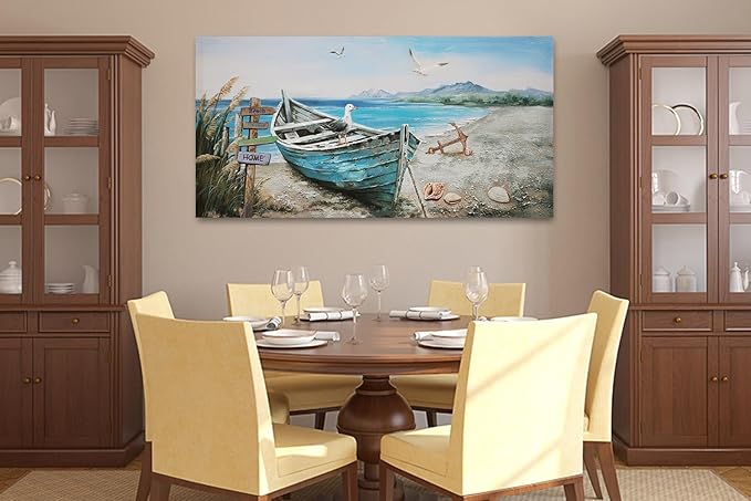 Anolyfi Large Beach Picture Wall Art Coastal Boat Blue Ocean Landscape Canvas Art Seagull Nautical Seascape Textured Painting Artwork Framed for Living Room Bedroom Bathroom Office Home Decor 48"x24"