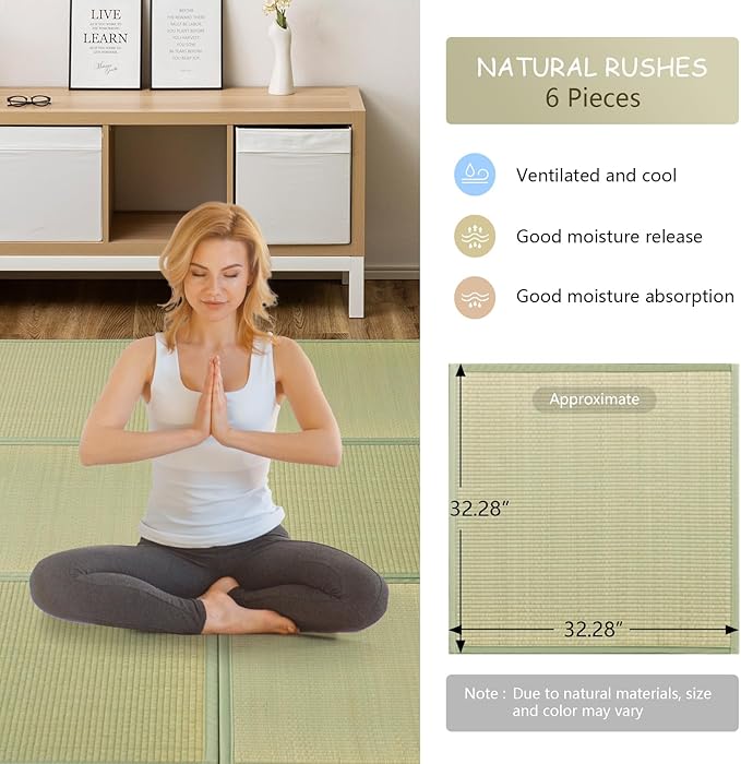 HAGiHARA Japanese Tatami Mat, Patchwork Tatami Floor Mats, 96" x 64" Foldable Square with Non-Slip Design for Bedroom, Crawling and Yoga, Made of Rush Grass, Igusa(with Edge/6 Picecs)