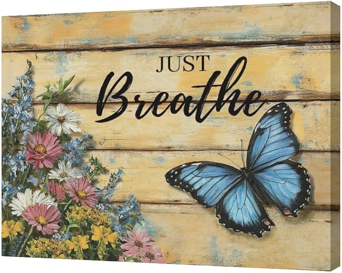Olivine Butterfly Wall Art, Butterflies Flower Pictures Wall Decor, Just Breathe Painting, Vintage Farmhouse Canvas Prints, Framed Artwork for Living Room Bedroom Bathroom Kitchen Office Home 20"x16"