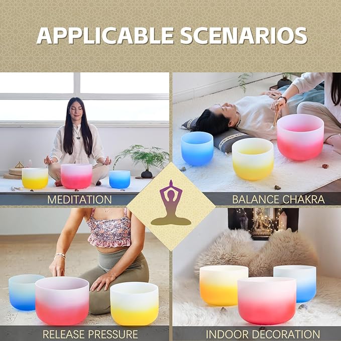 432HZ PCS Aria Gradient GEC Crystal Singing Bowl Set of 3, 8"G Throat, 10"E Solar Plexus, 12” Root with Case Suede Striker & O-Ring Sound Therapy for Reiki, Healing Energy