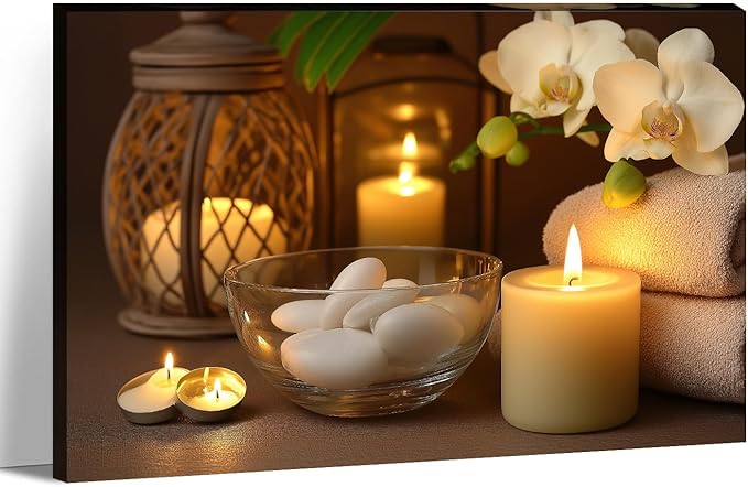 KPLUNDO Zen Canvas Wall Art - Candle with Spa Stones on Wood Table Picture Orchid Painting Prints Meditation Relax Artwork for Bathroom Yoga Spiritual Room Decor Frame(20.00x30.00 inch)