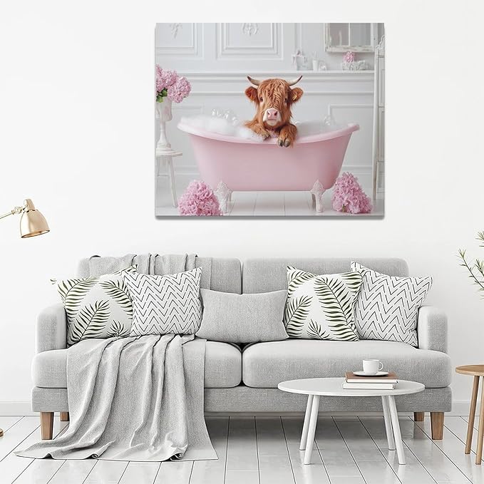 Bathroom Cow Wall Art Highland Cow Wall Decor Pink Pictures Canvas Painting Framed Artwork Home Decorations for Toilet Lavatory Living Room Bedroom 24"x20"