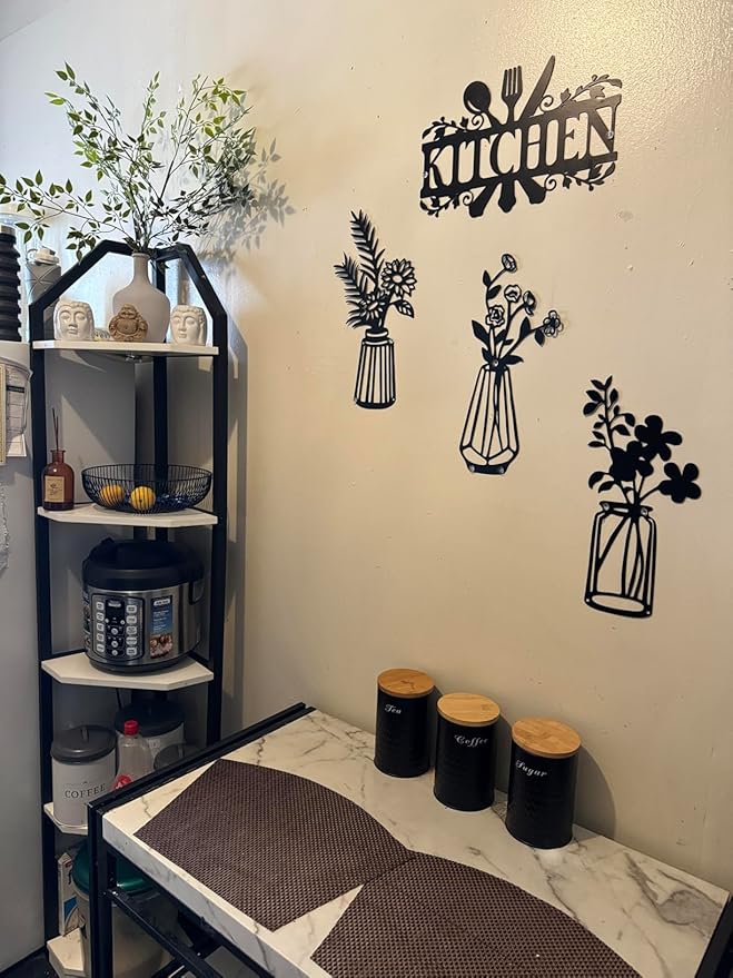 3 Pieces Black Metal Flowers Wall Decor Vase Art Sculptures Hanging for Indoor Kitchen Bathroom Dining Room Patio, 14.56x7.48 Inches