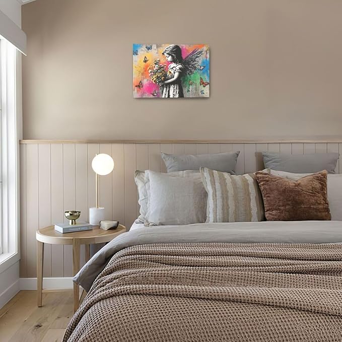 Banksy Wall Art Butterfly Girl Pictures Street Pop Art Graffiti Canvas Wall Decor Vintage Kids Aesthetic Painting Artwork Decorations Framed for Living Room Bedroom Bathroom Kid Room Office 16"x24"