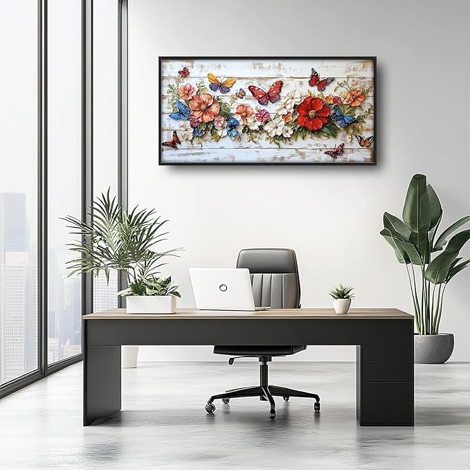 Olivine Flower Large Wall Art, Butterfly Pictures Wall Decor, Boho Painting, Rustic Wood Grain Canvas Prints, Framed Artwork for Dining Room Living Room Bedroom Bathroom Office Home Decor 36"x24"